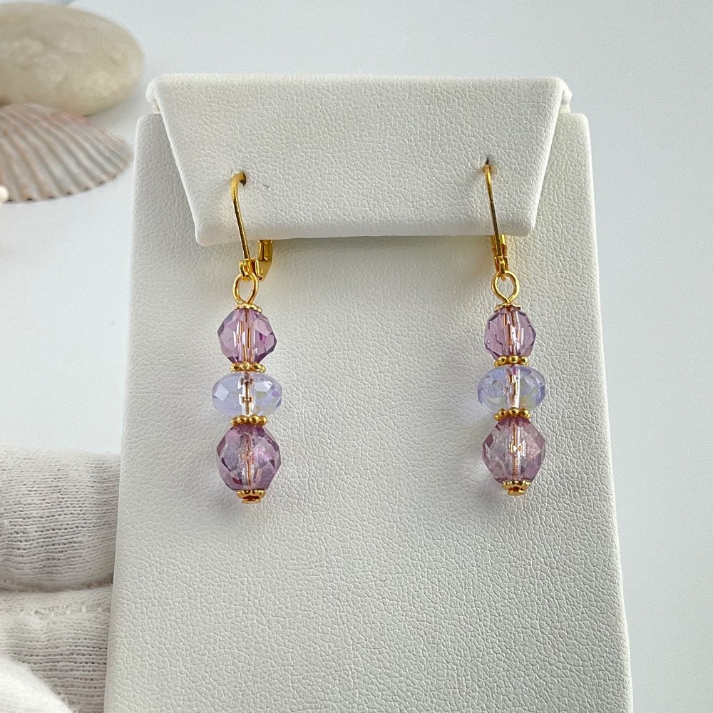 Lavender Crystal Dangle Earrings, Czech & Aurora Borealis Crystal Beads, Gold PL